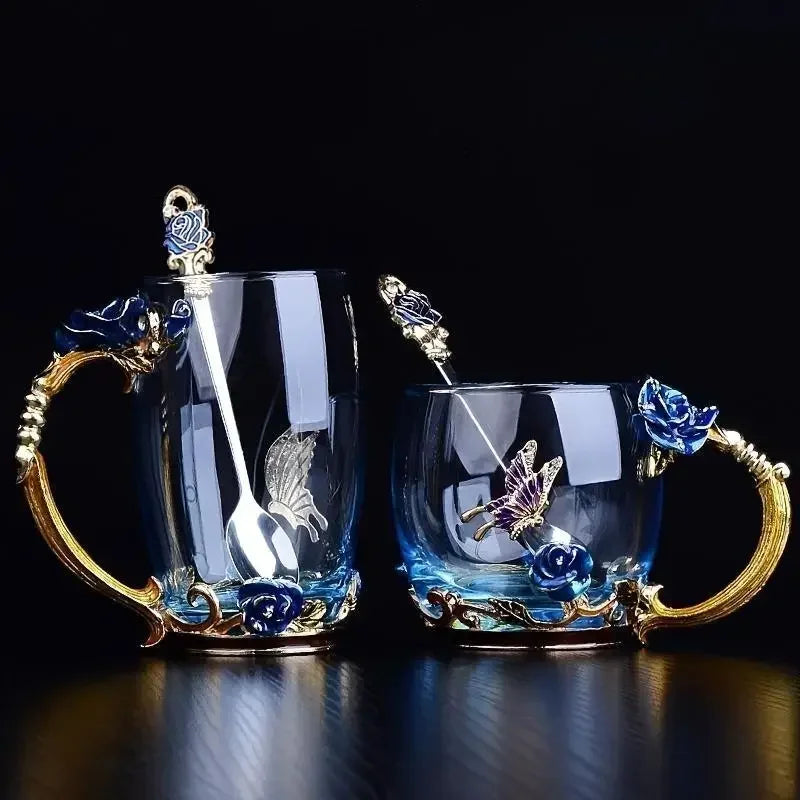 European Retro Handmade Enamel Tea Cup Crystal Cup Milk Lemon Flower Tea Cup High-end Wine Cup Set Gift Cup