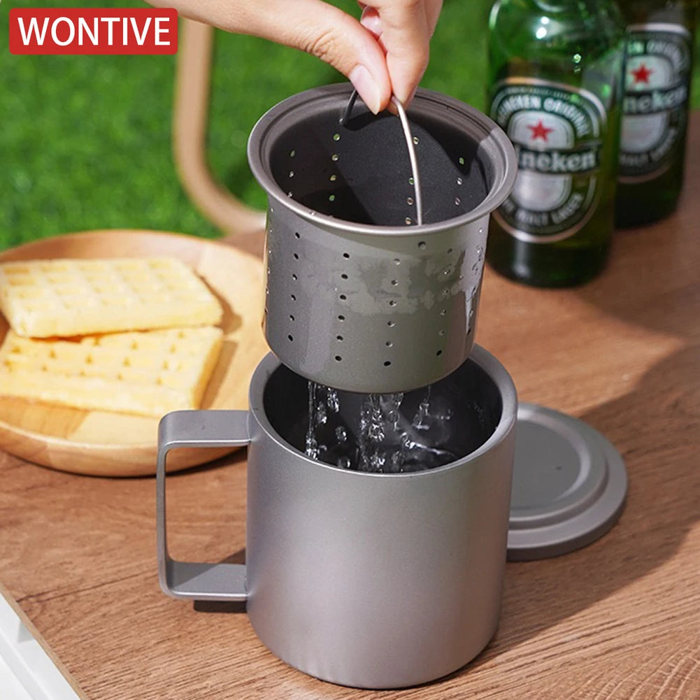 Portable 450ml Titanium Camping Mug Double Wall Coffee Tea Cup with Lid Filter Outdoor Beverage Tableware With lid Home