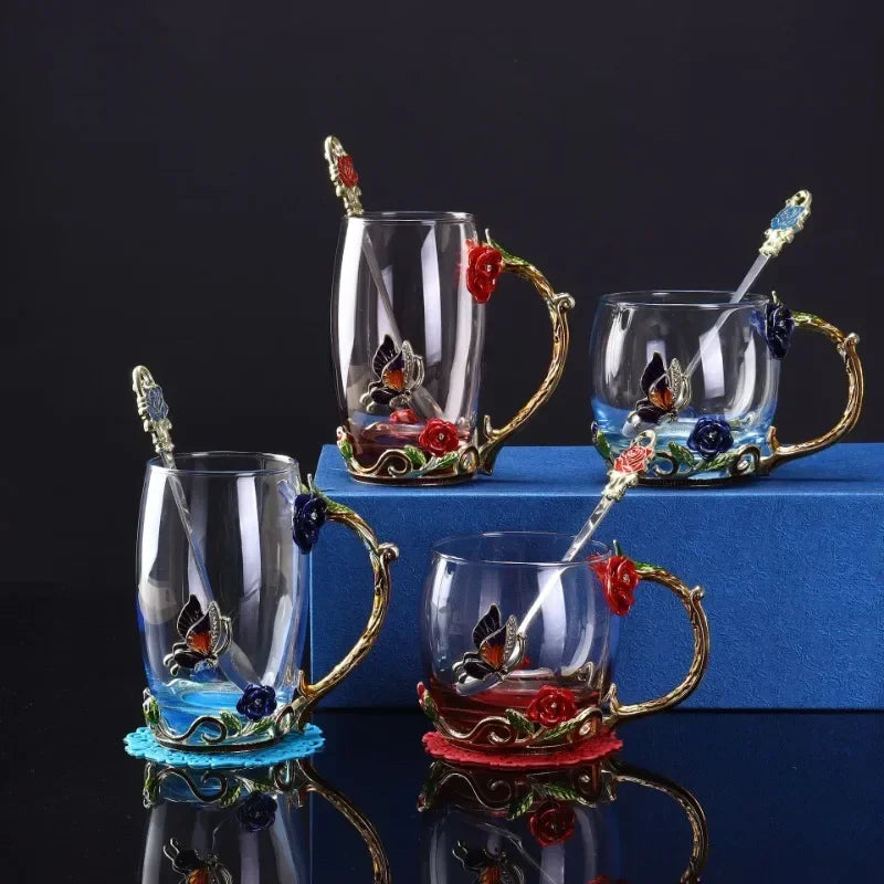 European Retro Handmade Enamel Tea Cup Crystal Cup Milk Lemon Flower Tea Cup High-end Wine Cup Set Gift Cup
