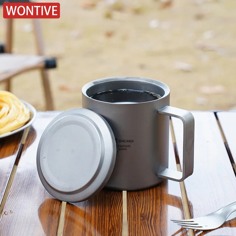 Portable 450ml Titanium Camping Mug Double Wall Coffee Tea Cup with Lid Filter Outdoor Beverage Tableware With lid Home